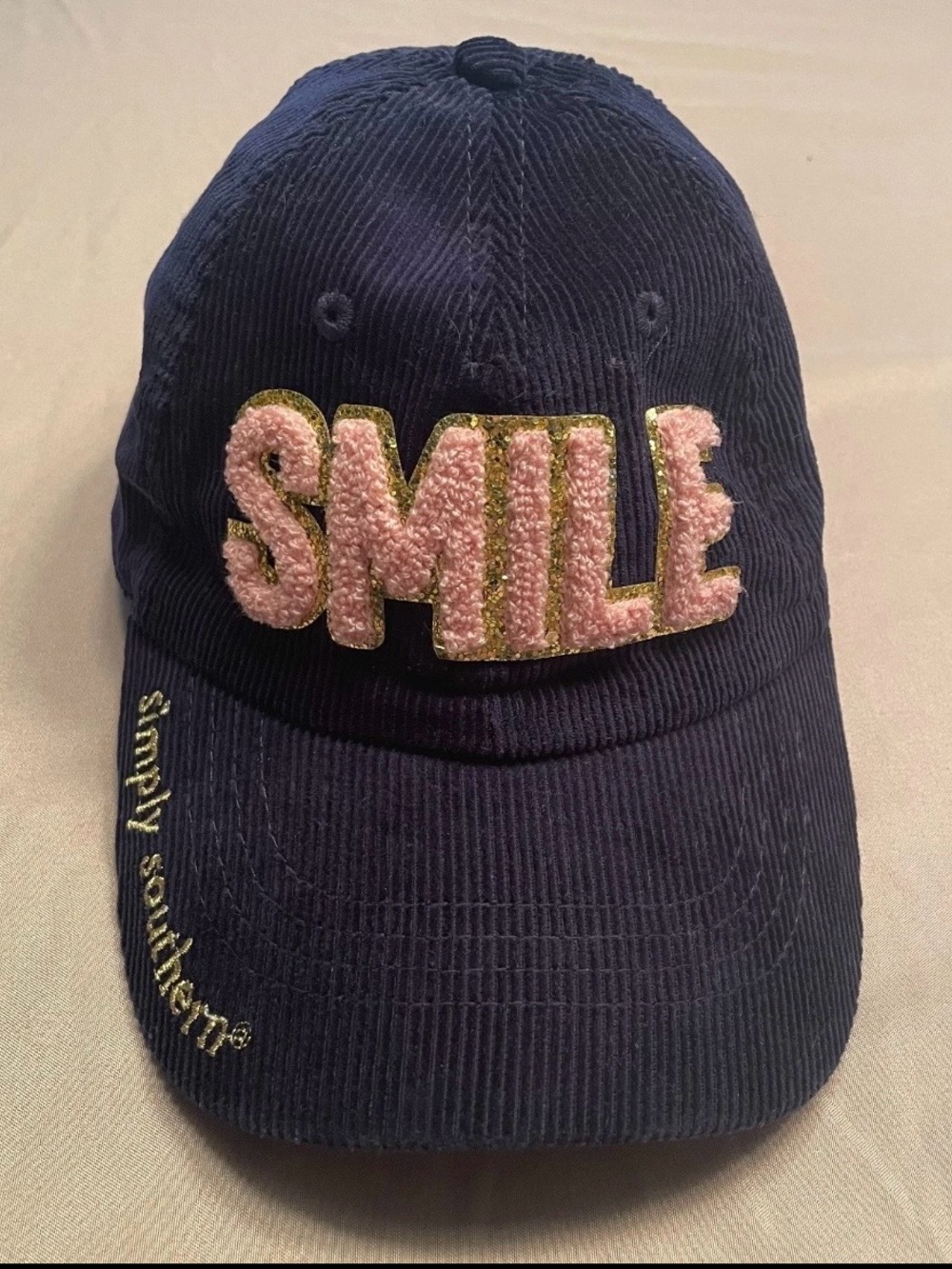 Simply Southern Navy Corduroy Women’s  Hat with Pink 'SMILE' Patch